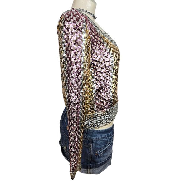 Vtg 70s Lilli Diamond Sequin Knit Top M Long Sleeve V-Neck Fairy Whimsy Disco - Picture 5 of 8